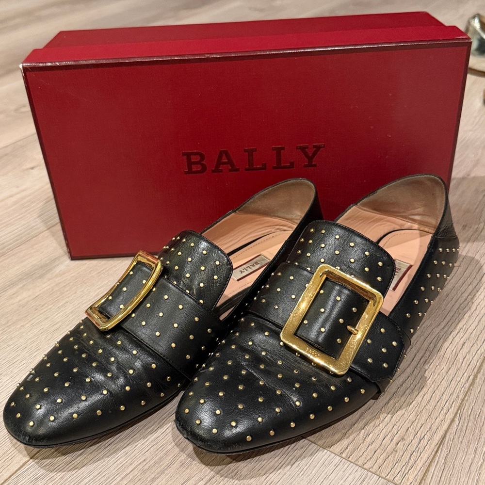 Bally Black Leather Loafers with Gold Accents